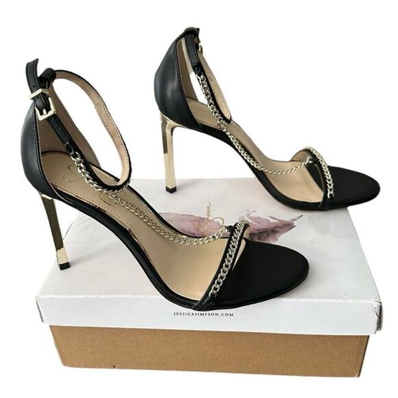 Jessica Simpson Black Chain Strap Heels Italia Napa Style JS - QIVEN Women’s 8.5 - Picture 4 of 11
